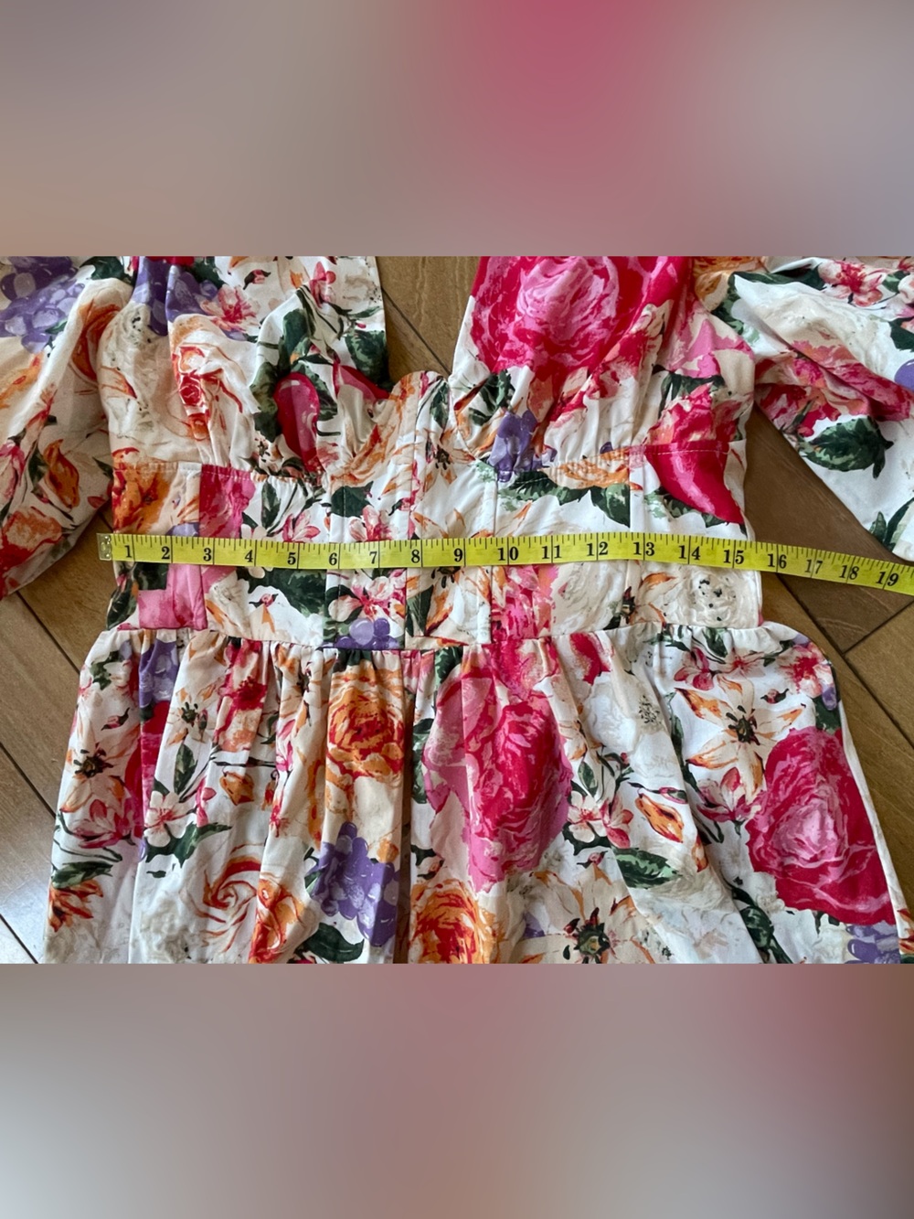Buddy Love Floral Puff Sleeve Mini Dress L Cottagecore Scalloped Bust Boho - Picture 7 of 16